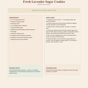 May include: A recipe card for Fresh Lavender Sugar Cookies from Gg's Homecooked. It lists ingredients like flour, baking powder, salt, butter, sugar, lavender blossoms, egg, vanilla, almond extract, and lemon zest, with step-by-step baking directions.