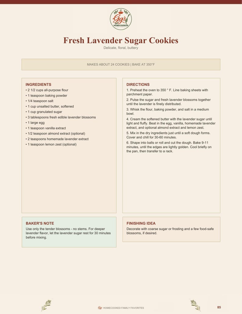 May include: A recipe card for Fresh Lavender Sugar Cookies from Gg's Homecooked. It lists ingredients like flour, baking powder, salt, butter, sugar, lavender blossoms, egg, vanilla, almond extract, and lemon zest, with step-by-step baking directions.