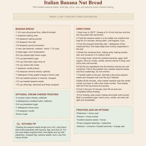 May include: A recipe card for Italian Banana Nut Bread featuring a list of ingredients, directions, and optional cream cheese frosting instructions. The text includes measurements in cups, teaspoons, tablespoons, and ounces, plus oven temperature in Fahrenheit.