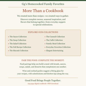 May include: A digital cookbook titled Gg's Homecooked Family Favorites: More Than a Cookbook. The text outlines collections including The Sauce, Soup, Salad, Fall Recipe, Biscotti, Cannoli, Caffe, Family Meal, Everyday Favorites, and Elegant Entertaining.