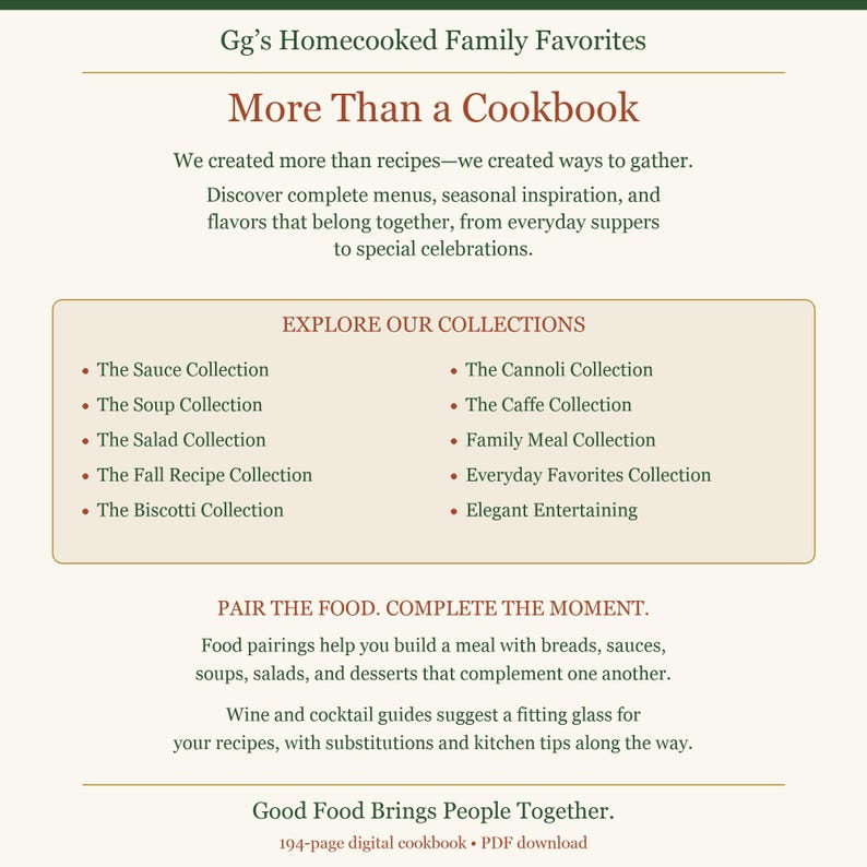 May include: A digital cookbook titled Gg's Homecooked Family Favorites: More Than a Cookbook. The text outlines collections including The Sauce, Soup, Salad, Fall Recipe, Biscotti, Cannoli, Caffe, Family Meal, Everyday Favorites, and Elegant Entertaining.