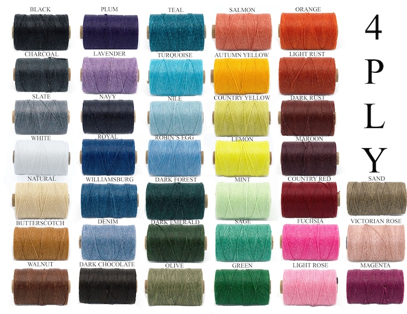 May include: A collection of 36 spools of 4-ply twine in various colors, including black, plum, teal, salmon, and orange. Each spool is labeled with its color name. The image also includes the text "4 PLY".
