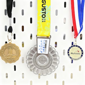 Puede incluir: Tres medallas colgadas en una tabla perforada blanca. Las medallas incluyen una medalla de oro de la Universidad de Alabama Graduate, una medalla de plata con una cinta amarilla que dice "GUSTO" y una medalla de aniversario de Skyhawks con una cinta roja, blanca y azul.