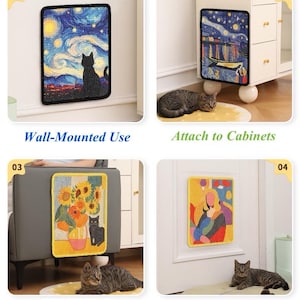 May include: Rectangular decorative mats with various art designs, including a starry night scene with a cat silhouette, a coastal scene, sunflowers in a vase, and an abstract figure. The mats are shown mounted on a wall, cabinet, sofa, and door.