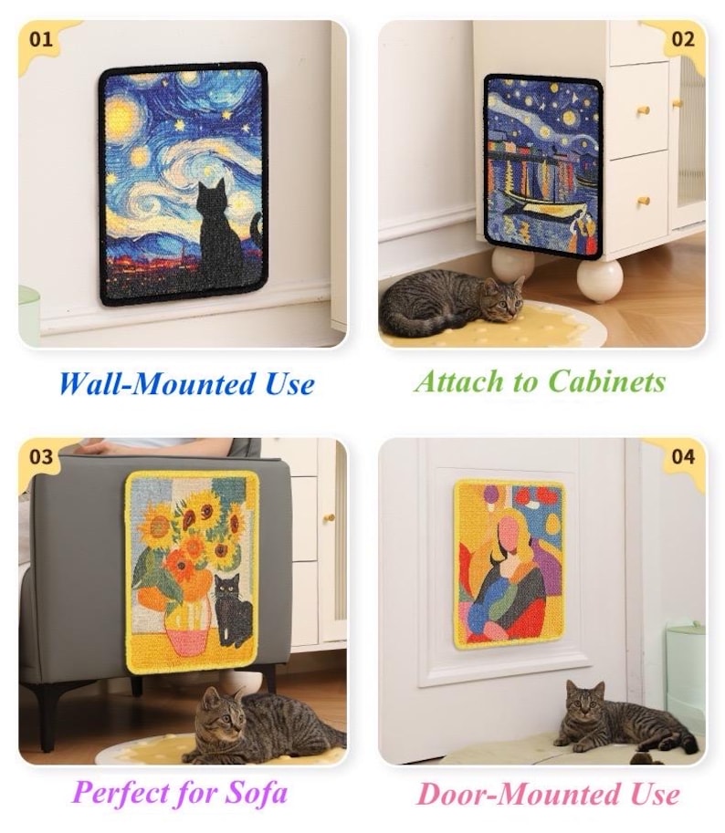 May include: Rectangular decorative mats with various art designs, including a starry night scene with a cat silhouette, a coastal scene, sunflowers in a vase, and an abstract figure. The mats are shown mounted on a wall, cabinet, sofa, and door.