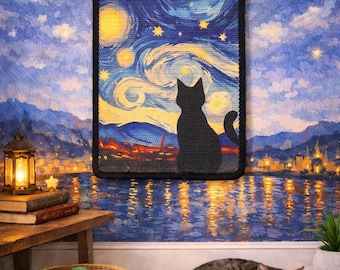 Starry Night Watcher Sisal Scratcher, Peel & Stick Artistic Cat Scratch Board, Perfect Gift for Renters, Art Lover, Modern Home, Cat Parents