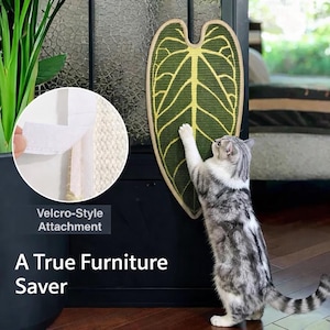 May include: A green leaf-shaped cat scratching pad with yellow vein details, attached to a door. The pad is being used by a gray and white cat. The text "Velcro-Style Attachment" and "A True Furniture Saver" are visible.