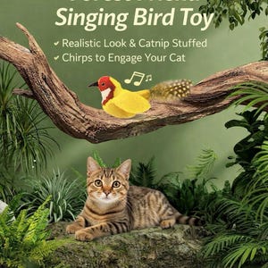 Op de afbeelding: Advertentie voor een kattenspeeltje met een gele en rode vogel op een tak en een gestreepte kat eronder. De tekst luidt "Forest Friend Singing Bird Toy" en benadrukt "Realistic Look & Catnip Stuffed" en "Chirps to Engage Your Cat."