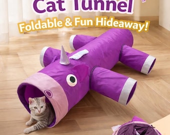 Túnel de juguete para gatos con forma de unicornio, con sonido crujiente, túnel de escondite con múltiples agujeros para enriquecimiento ambiental, juguete interactivo de peluche suave y plegable para gatos de interior.