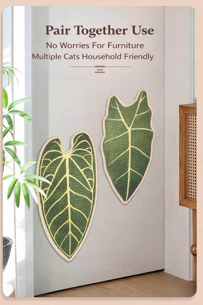 May include: Two green leaf-shaped decorative items with yellow vein details and a beige border are displayed on a wall. The text "Pair Together Use" and other phrases are visible. The items are likely for home decor.