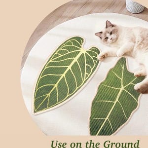 May include: A white round rug with two green leaf-shaped mats. The mats have a detailed vein design in yellow. A fluffy cat is lying on the rug. The text "Use on the Ground" is at the bottom.