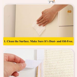 May include: Installation instructions with a cat illustration. The image shows steps for applying hook and loop strips. Step 1: Clean the surface. Step 2: Press the hook and loop strips together firmly.