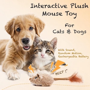 Peut inclure: Un jouet interactif en peluche en forme de souris pour chats et chiens. L'image montre un golden retriever et un chat tigré avec la souris jouet. Le jouet a du son, un mouvement aléatoire et une batterie rechargeable. Le texte sur l'image dit "BEEP!"