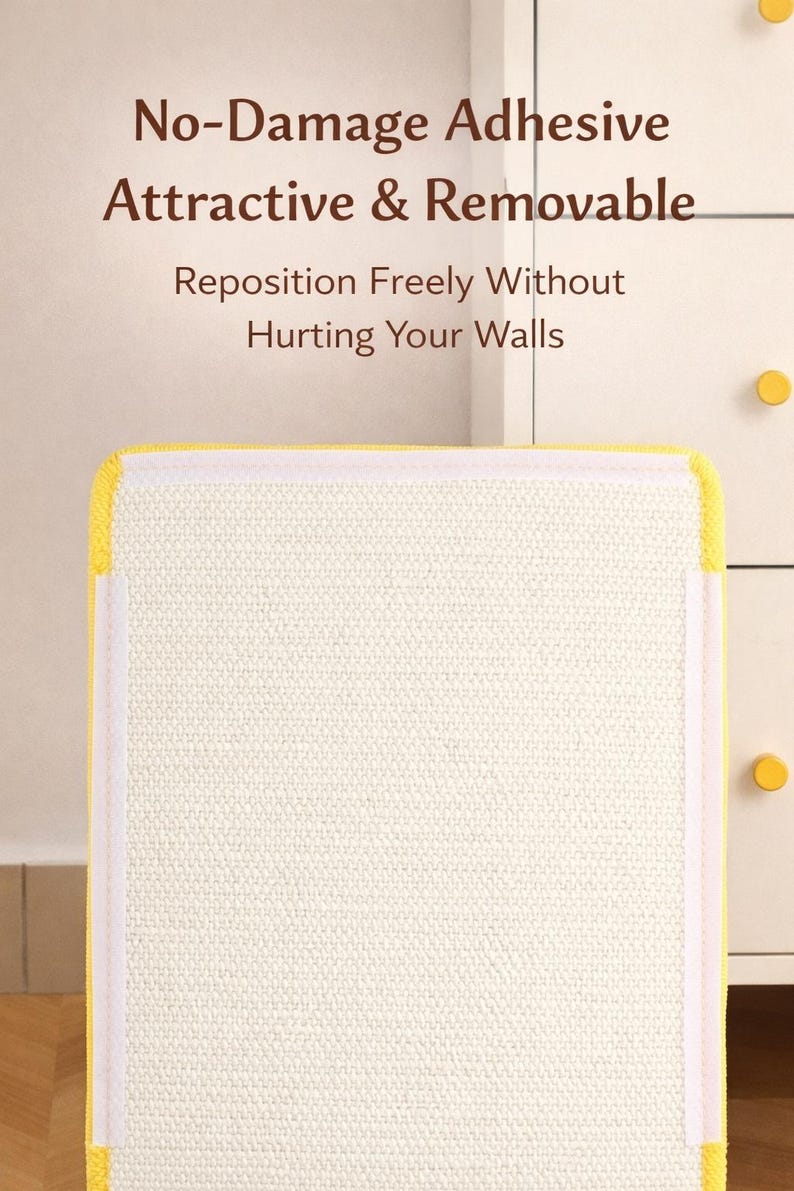 May include: A close-up of a cream-colored, textured adhesive pad with yellow trim and white borders. Text on the image reads "No-Damage Adhesive Attractive & Removable. Reposition Freely Without Hurting Your Walls."