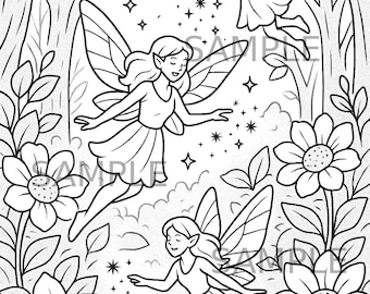 Página para colorear de hadas, Hoja para colorear de hadas imprimible, Jardín de fantasía para colorear, Página para colorear de flores mágicas, Colorear para niños, Descarga digital