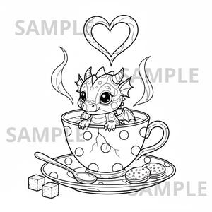 May include: Black and white illustration of a baby dragon in a polka-dotted teacup, with a heart above. The teacup sits on a saucer with a spoon, two cookies, and sugar cubes. Steam rises from the cup.