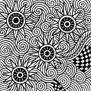Peut inclure: Œuvre d'art abstraite en noir et blanc avec quatre motifs solaires stylisés, chacun avec des rayons pointus et des cercles centraux. Le design comprend des lignes tourbillonnantes, des spirales et un motif en damier.
