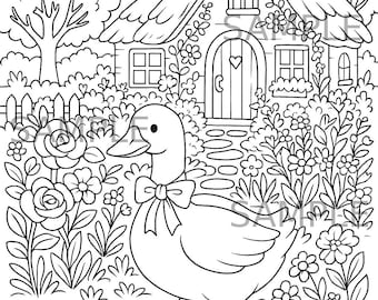 Cottagecore Gås Målarbild, Utskrivbar Gårddjur, Nyckfull Lantlig Stuga Målarbild för Barn och Vuxna, Digital Nedladdning