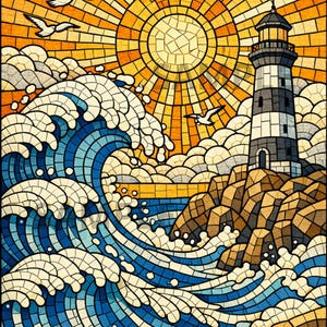 May include: Stained glass artwork of a coastal scene. A lighthouse stands on a rocky shore, with waves crashing against it. The sun shines brightly, and seagulls fly in the sky. The artwork uses shades of blue, white, yellow, and brown.