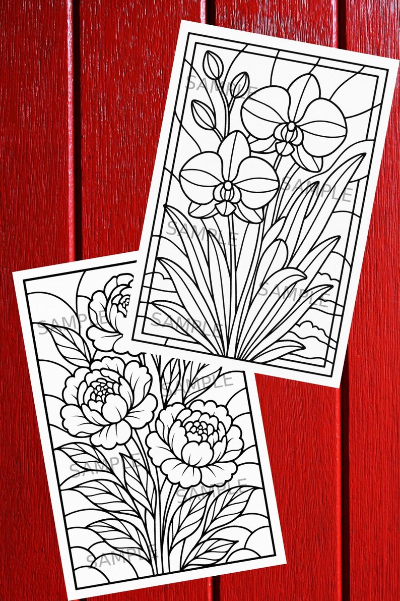 May include: Two black and white floral coloring pages featuring orchids and peonies. The images are in a stained glass style, with thick black outlines and the word "SAMPLE" printed on the pages. The background is a red wooden surface.
