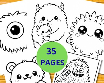 35 Kawaii Monster Coloring Pages, Cute Monster Coloring Sheets, Kids Printable Coloring Book, PDF, Kawaii Creatures, Instant Download