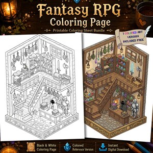 Puede incluir: Un paquete de páginas para colorear de RPG de fantasía que presenta una escena interior detallada con estanterías, escaleras y varios objetos. La imagen incluye una versión en blanco y negro y una versión de referencia en color. El texto de la imagen dice "Fantasy RPG Coloring Page".