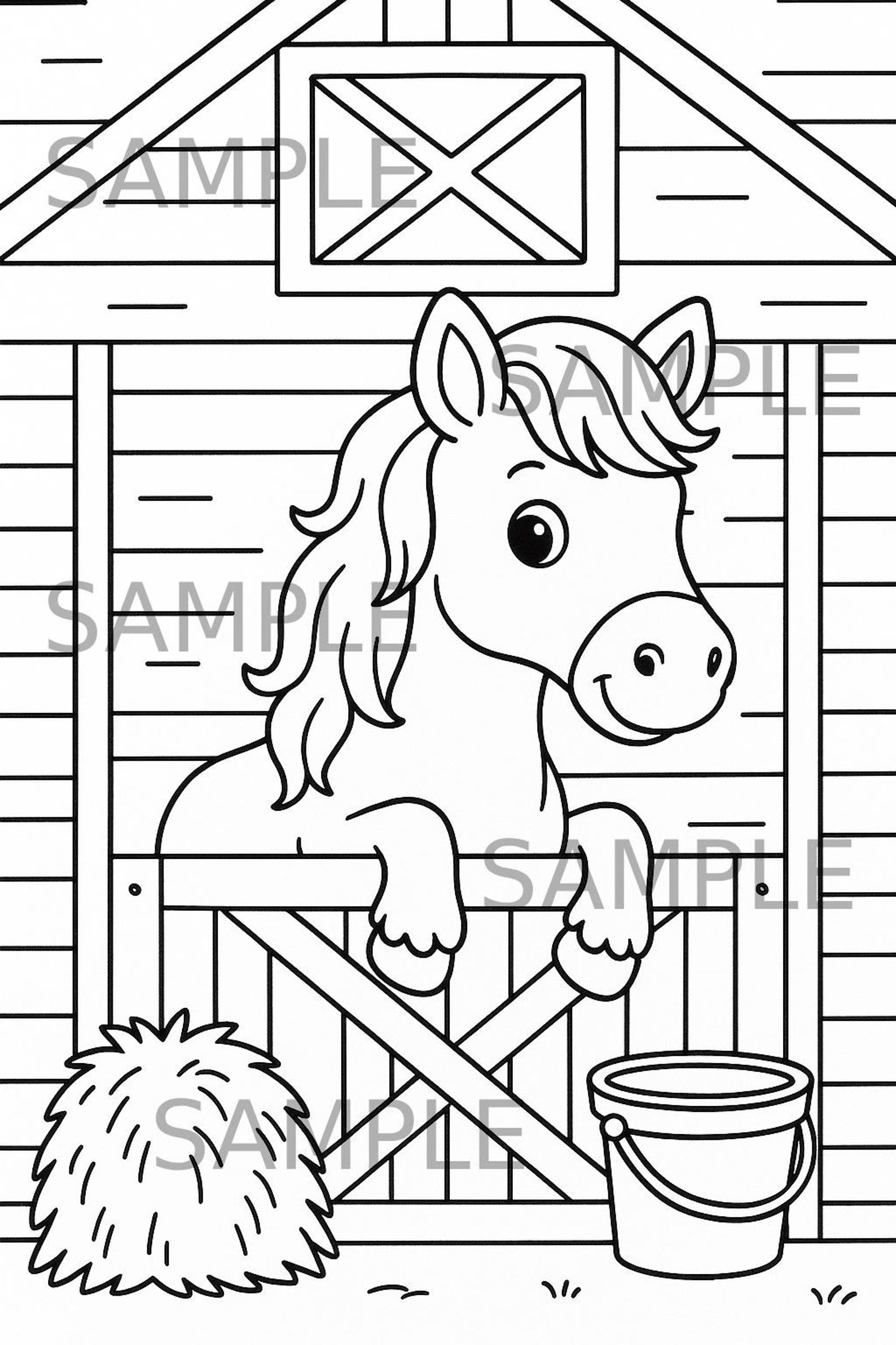 Horse Barn Coloring Page Printable, Cute Pony in Barn Coloring Sheet ...