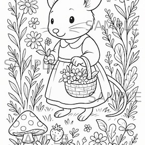 以下が含まれることがあります： 花のカゴを持ったドレスを着たネズミの白黒線画イラスト。ネズミは花、植物、キノコ、蝶、イチゴに囲まれています。この画像は塗り絵に適しています。