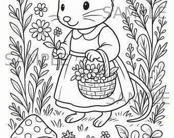 Kleurplaat Cottagecore Mouse, afdrukbaar dier, schattige muis met mandje kleurplaat, digitale download Forest Cottage