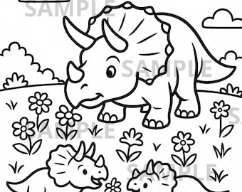 Triceratops Dinosaur Coloring Page PNG, Printable Prehistoric Dino Sheet for Kid & Adult, Fun Creative Relaxing Activity, Instant Download