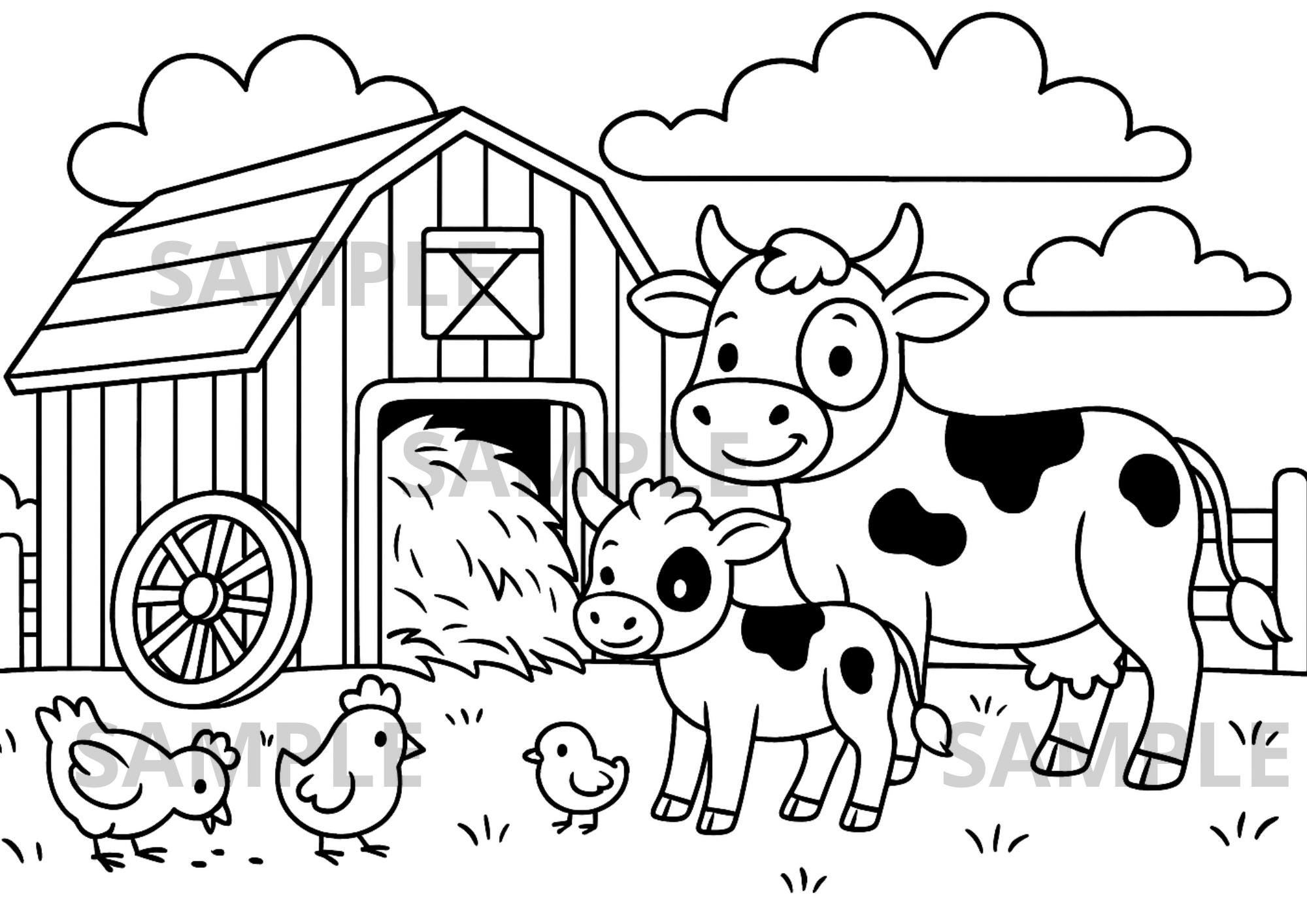 Cow Coloring Page PNG, Calf and Barn Farm Scene with Chickens, Cute…