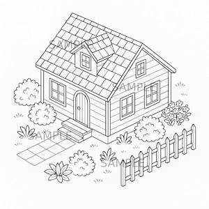 May include: Line art illustration of a house with a gabled roof, dormer, and a front door. The house is surrounded by bushes, a picket fence, and a tiled walkway. The image is in black and white.