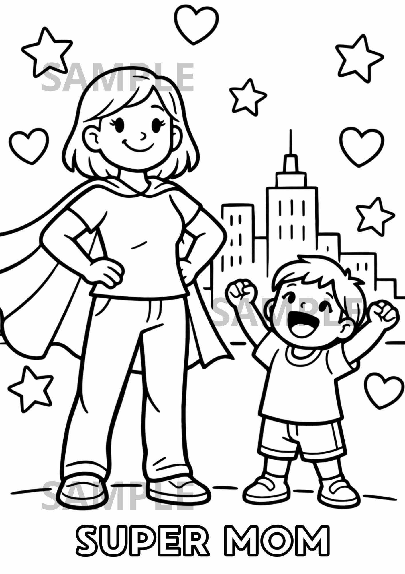 Mother's Day Super Mom Coloring Page, Superhero Mom & Child Coloring…