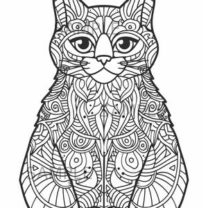 May include: A black and white illustration of a cat with detailed, symmetrical patterns. The cat is depicted sitting, with large eyes and detailed fur. The design features swirls, lines, and geometric shapes, creating a detailed and artistic appearance.