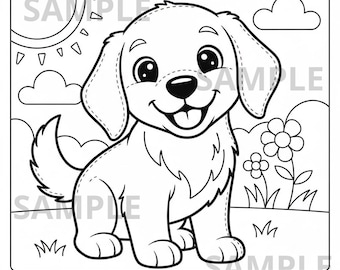Utskrivbar målarbild för golden retrievervalp, söt hundkontur för barn och vuxna, direktnedladdning, tjock kontur, högupplöst PNG och PDF