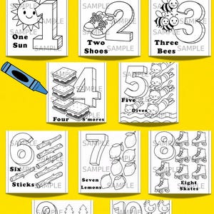 Op de afbeelding: Digitale educatieve kleurplaten met de nummers 1-10. Elke pagina toont een nummer met een bijbehorende afbeelding, zoals één zon, twee schoenen, drie bijen, vier s'mores, vijf duiken, zes stokken, zeven citroenen, acht skates, negen dennen en tien kippen.