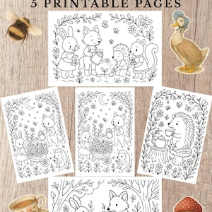 May include: A collection of five printable woodland-themed colouring pages. Each page displays black and white illustrations of forest creatures, such as rabbits, foxes, hedgehogs, and squirrels, framed by floral and leaf borders. The text reads "Woodland colouring pages bundle" and "Digital Download".
