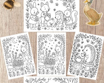 Pacchetto di pagine da colorare Cottagecore Woodland, 5 disegni di animali della foresta stampabili, fogli da colorare di giardini rustici, accogliente arte naturalistica, 300 dpi