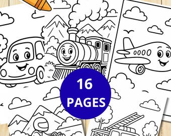 Transportation Coloring Pages for Kids Printable, Vehicle Coloring Book PDF, Car Airplane Train Boat Truck Coloring Sheets 300 DPI, 16 Pages