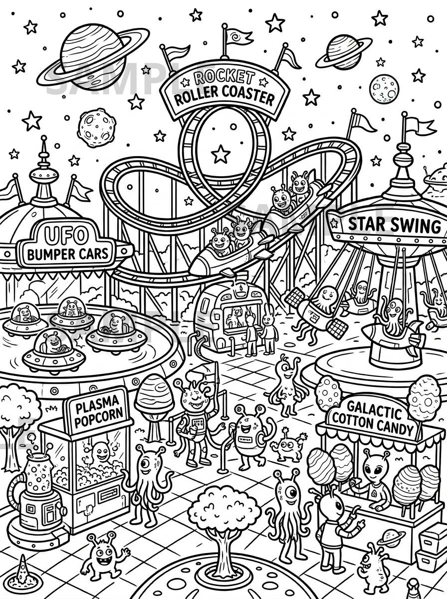 32 Blast Off Into Creativity: Fun Space Crafts for Kids 29 Alien Amusement Park Coloring Page, Printable Kids Coloring Sheet,…