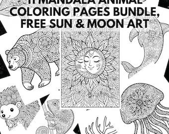 Paquete de páginas para colorear de mandalas de animales, 11 diseños imprimibles para adultos y niños, arte intrincado de mandalas de animales, paquete para colorear, sol y luna gratis.