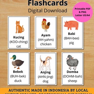 32 Indonesische dierenflitskaarten, Indonesische woordenschat, Indonesisch leren voor beginners, afdrukbare taalkaarten, pdf, png digitale download