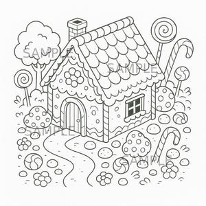 Candy Cottage Coloring Page,  Whimsical Gingerbread House Printable, Digital Download for Kids and Adults, Sweet Fantasy Scene Line Art