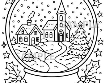 Christmas Snow Globe Coloring Page, Winter Village Church House Scene Printable, Holiday Holly Stars Activity Sheet PDF PNG Download