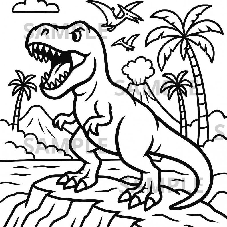 T Rex Dinosaur Coloring Page PNG, Printable Prehistoric Dino Art Sheet ...