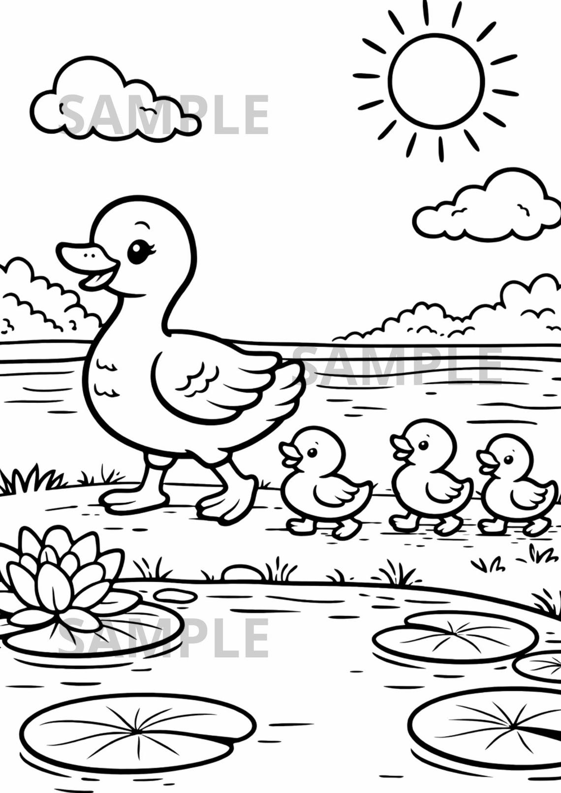 Mama Duck and Ducklings Coloring Page, Mother Duck Walking by Pond ...