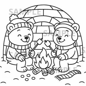 May include: Black and white illustration of two smiling bears roasting marshmallows over a campfire in front of an igloo. The bears wear hats, scarves, and earmuffs. A scarf lies on the ground.