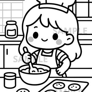以下が含まれることがあります： ボウルで材料を混ぜている漫画のシェフの白黒イラスト。シェフは帽子とエプロンを着ており、ベーキングシートにはクッキーが並んでいます。「SAMPLE」という文字が画像に表示されています。