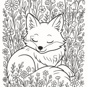 Cottagecore Fox Coloring Page, Woodland Animal Printable, Sleeping Fox with Flowers Coloring Sheet, Cozy Forest Digital Download