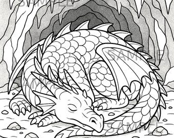Página para colorear de dragón durmiente (PNG), arte de dragón de fantasía, hoja para colorear imprimible relajante para adultos y niños